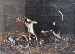 An interesting 19th century oil on canvas, a depiction of a protective English pointer and her pups,