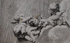 After François Boucher (French 1703-1770) an unframed monochrome engraving of three cherubs