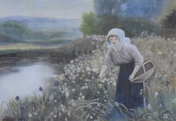 A Ward (British 19th/20th century) watercolour, a young girl collecting flowers at a river bank,