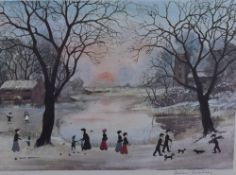 After Helen Bradley (British 1900-1979) coloured print, pond scene with figures, signed in pencil to