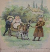 Two early 20th century coloured children's prints, depicting children at play with text, mounted