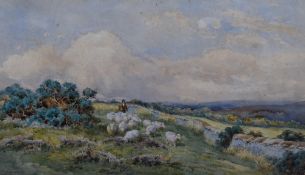 Charles James Adams (British 1859-1931) watercolour, droving sheep within a moorland landscape,