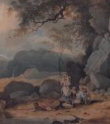 A mid-19th century watercolour, a young family at the rocky edge of a lake or river, unsigned within