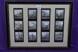 An early 20th century framed set of twelve views of London, four mounted strips of three views,