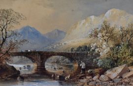 Cornelious Pearson (British 1805-1891) watercolour, entitled 'Bridge Near Grasmere' to gilt card