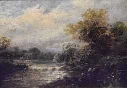 A pair of 19th century oil of canvases, woodland river scenes with weirs, unsigned, each within gilt