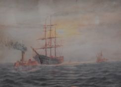 H Parson (British 20th century) watercolour sketch, shipping scene with tug towing a masted ship,