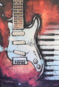 After Bruce Langton (American contemporary) two coloured guitar design prints, each framed, under
