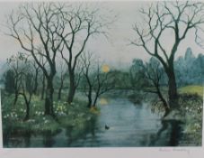After Helen Bradley (British 1900-1979) coloured print, riverscape, signed in pencil to margin along