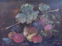 A 20th century oil on canvas, still life study, an arrangement of fruit, unsigned within a moulded