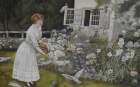 A Ward (British 19th/20th century) watercolour, a young girl feeding birds within a cottage