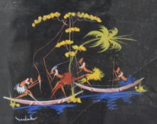 An African painting on black paper, a vibrant depiction of figures on boats, mounted, framed and