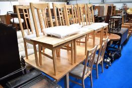 A modern Ikea extending dining table (norden) and set of ten (adam) siilar dining chairs