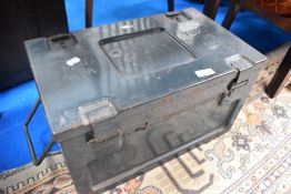 A vintage military ammo box, in airforce grey, date 1956