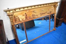 A 19th Century Regency gilt plaster triptych over mantel mirror having chariot and cherub