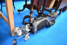 A selection of modern golf clubs and bag including ibis Hurricane, Hippo Plus, Mitsubishi and
