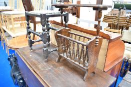 A 19th Century oak stool having turned frame and a reproduction magazine table