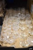 A large collection of vintage and traditional glass ware, including Victorian etched wine glasses,