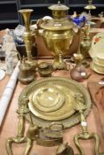 A collection of brass ware, including vintage Samovar Tea Urn, incense bowl, trays and lamp etc.