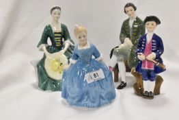 Four Royal Doulton Williamsburg collection figures including Gentleman HN2227, Lady HNHN2228, Boy