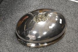 A late Victorian silver plated cloche dome lid having acanthus leaf decorated handle. 40cm long by