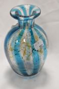 A Mdina glass vase, having opalescent stripes interspersed with aqua stripes, signed to underside.