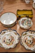 Four vintage chinoiserie pattern dishes including Chang, Japan and Noritake
