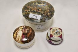 A Victorian Pratt ware paste pot with lid depicting a Deer scene with two similar pill containers.