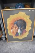 A mid century art work signed D. Laforte on animal hide of a Native American Lame Wolf.