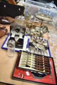 A good selection of silver plated table wares and cutlery including biscuit barrel, tazza and