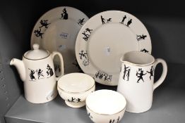 A selection of Dunn Bennett and co tea wares, each having silhouette caricatures, some comical and