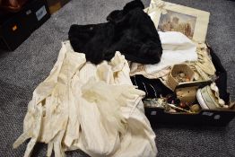A selection of vintage gloves, early 20th century shawl fur shrug, embroidered wool shawl.