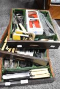 Three trays of assorted cutlery and flatware including Frank Mills and Sheffield steel.