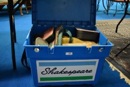 A Shakespeare seat box packed with canvas bag, weights, floats, bait boxes, flies, ,lures, and an