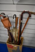 A box containing several shooting sticks, walking canes and parasols.
