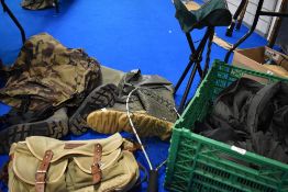 A crate containing 2 sets of waders size 8 & 9 a Shakespeare canvas fishing bag with liner, stool,