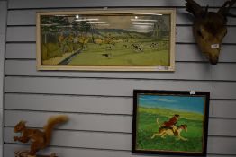 A hunting print by Harry Elliot and an amateur oil of a fox riding a hound