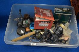 A box of assorted fishing reels including Apollo Beach 70, Matchpro GTZ5000 and A Rimfly fly reel