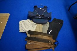 A Charles Owen vest Back protector size M for Horse Riding along with some chaps and 4 pairs of