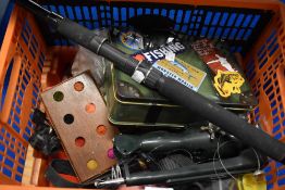 A crate of assorted fishing tackle including a telescopic rod called Instant fisherman by Flying