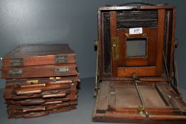 A Vintage mahogany field camera spares and repairs with with slide cases