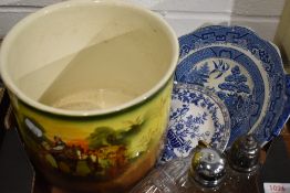 A jardinière with country scene decoration, two glass sugar sifters and another similar bottle and