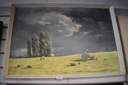 After David Shapherd (1931-2017) coloured print, entitled 'The Last Bales' to old Boots label verso,