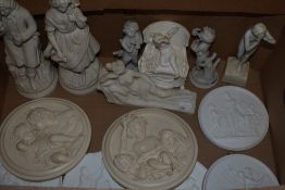 A selection of 19th century parion ware plaques and figurines having classical design, inclduing