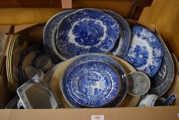 A collection of blue and white ware including Spode, three Minton's 'Cockatrice' pattern plates