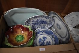 A small lot of assorted plates and platters including blue and white ware and two desert dishes