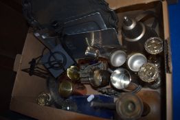 A selection of metal and plated ware items including trays, candle stands, a Fantasy & Legends study