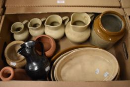 Four pottery graduated jugs in speckle glaze, a Prinknash ironstone jug, four ovenware dishes in