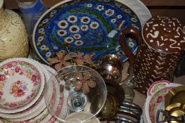 A miscellaneous selection of items including a Wetheriggs Pottery lidded jug, a slate lamp (no