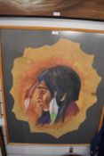 A mid century art work signed D. Laforte on animal hide of a Native American Lame Wolf.